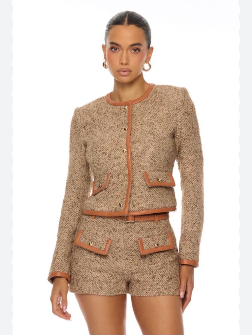BLITHE LA Women's Tan Tweed Cropped Jacket And Short Set